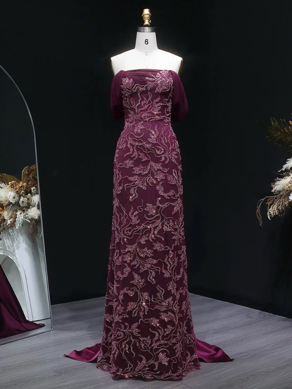 Elegant Off-Shoulder Embroidered Evening Dress - Plum